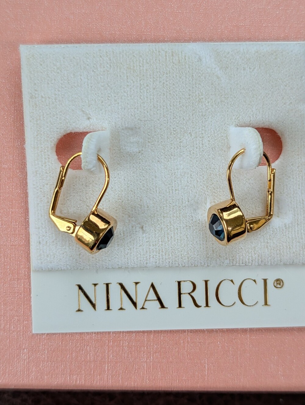 Nina Ricci Gold Drop Earrings with Dark Blue Crystals